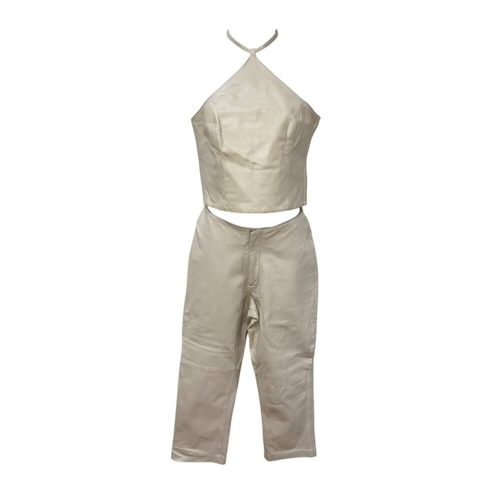 Hugo Buscati Collection Womens Cream Leather Halter Top & High-Waisted Pants Set